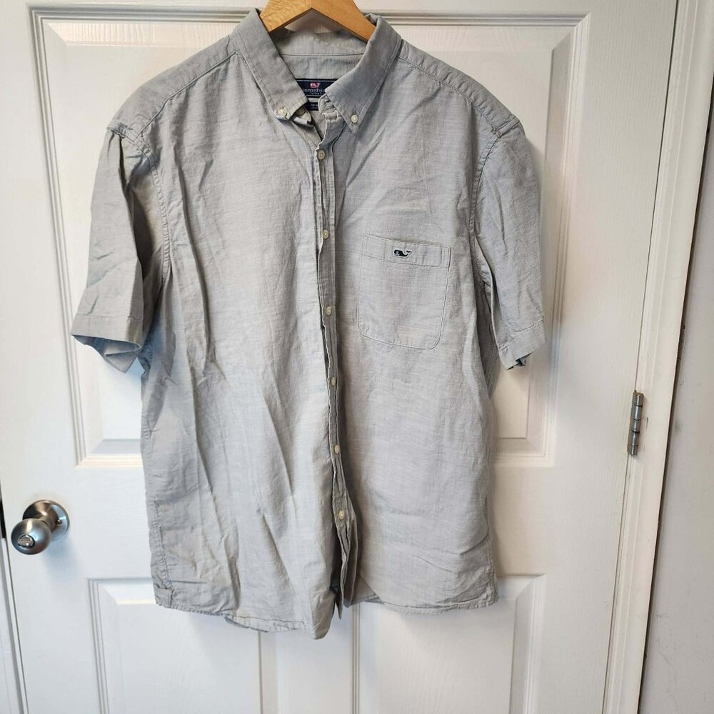 Vineyard Vine short sleeve button down gray Men XL shirt 100% cotton whale logo